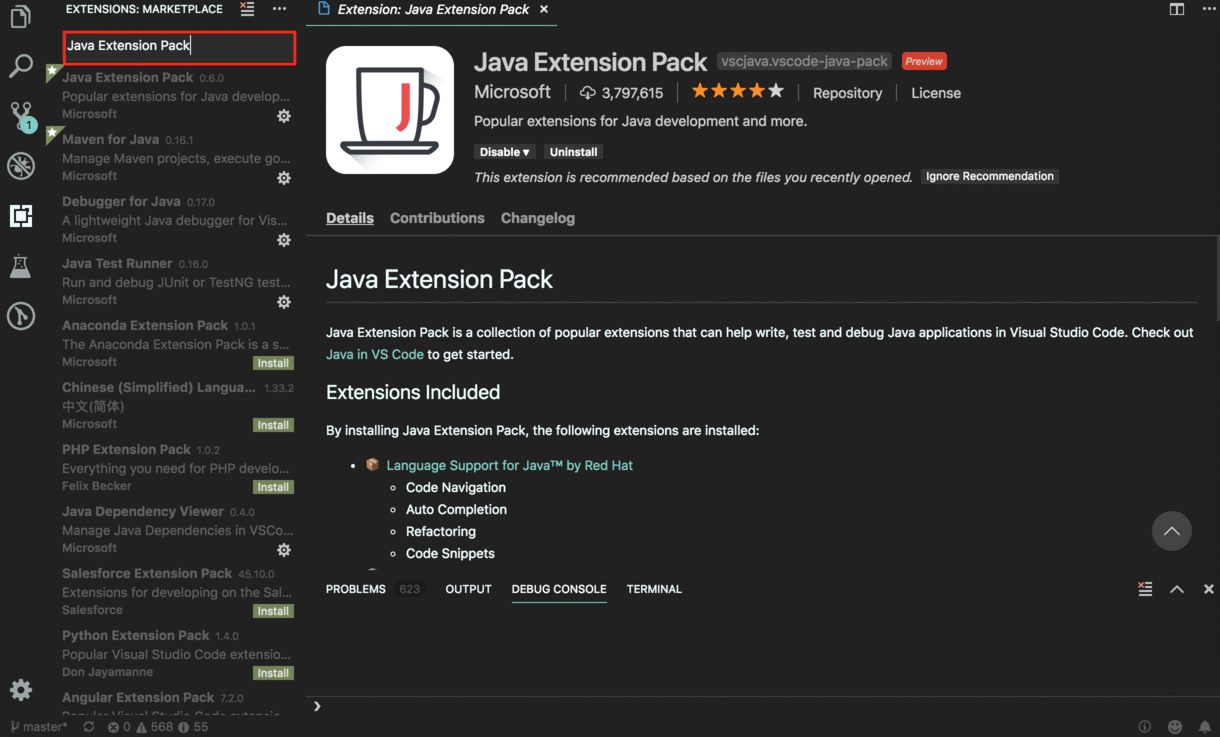Installing Java Extension Pack to VS Code.