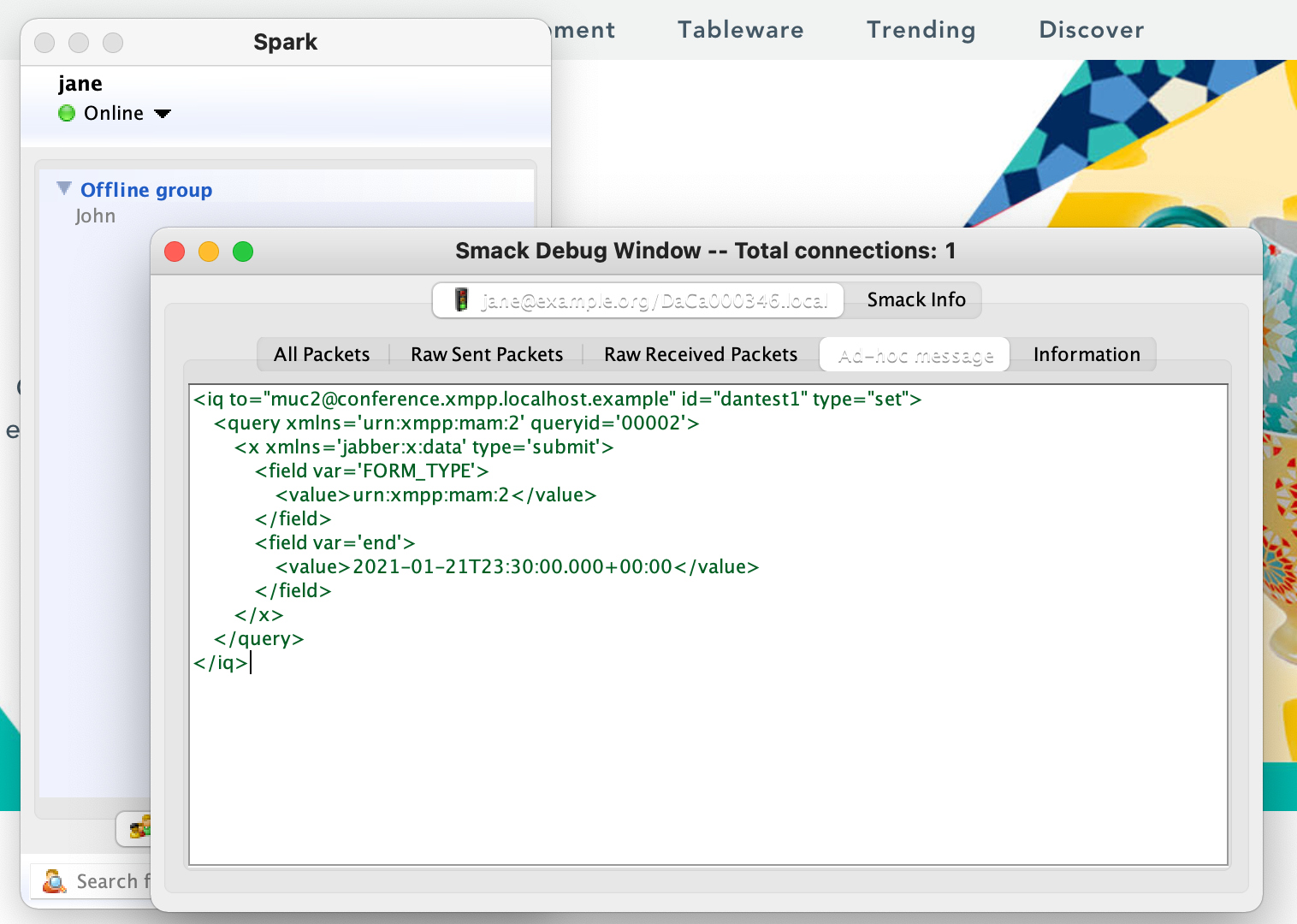 Spark showing Smack's debug window.