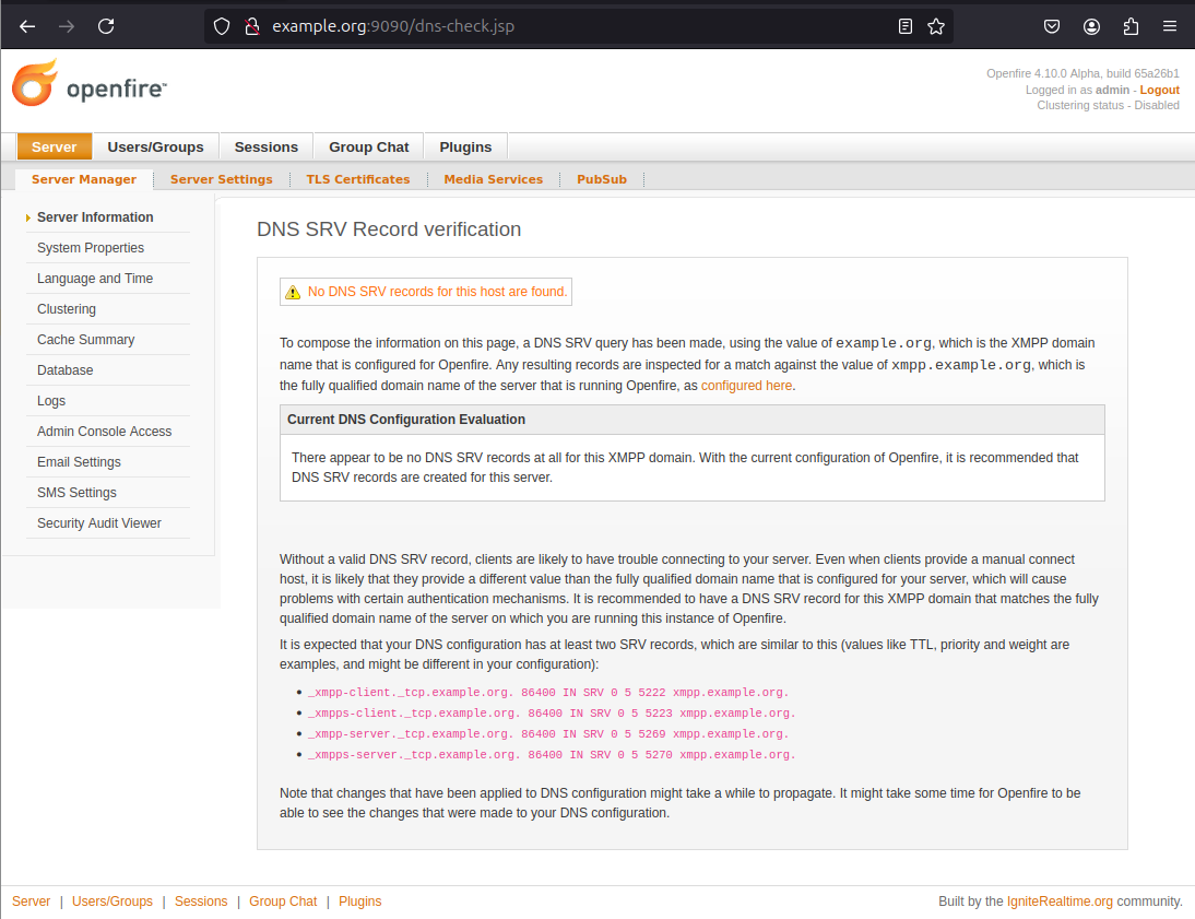 Admin console DNS SRV verification page, warning about missing records.