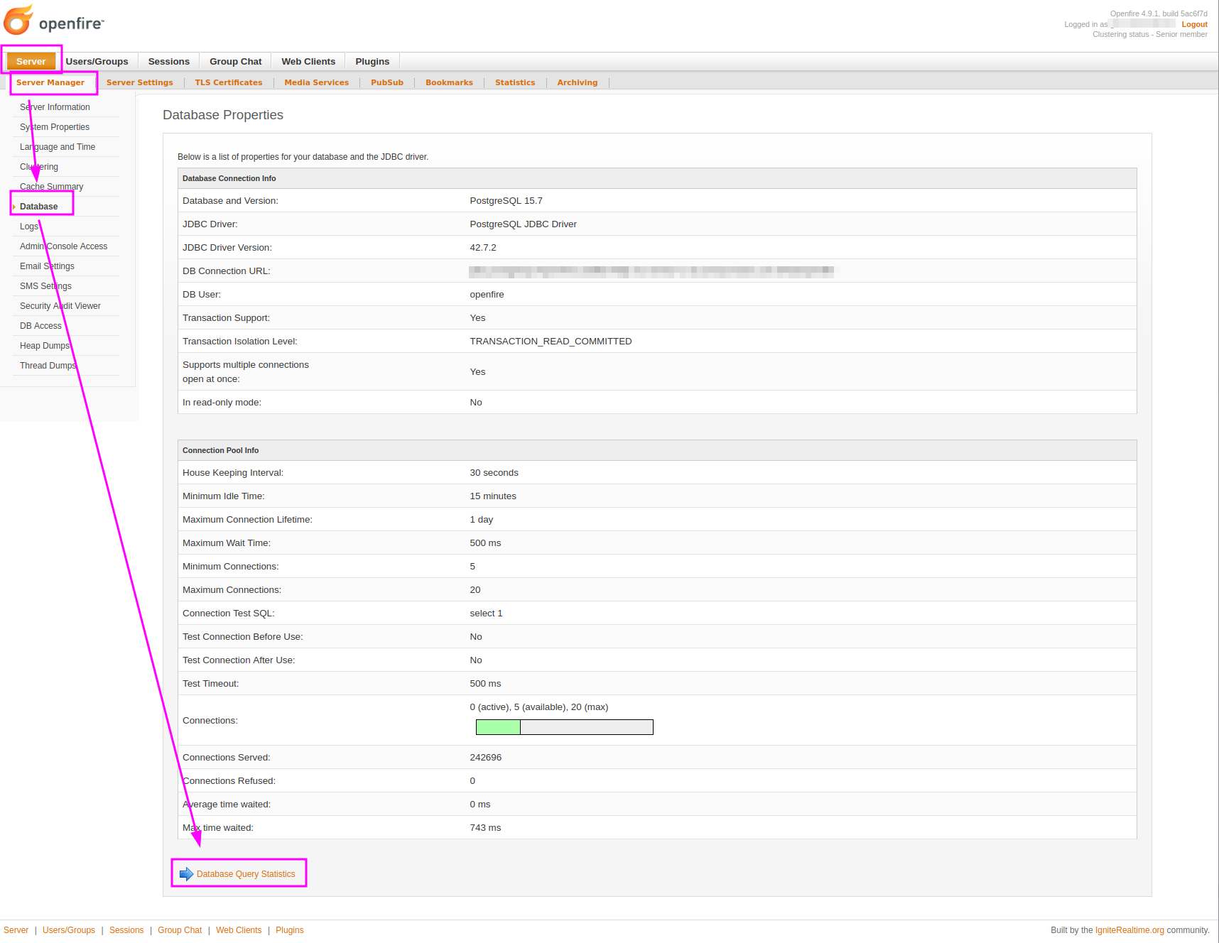 Database property page with highlighted link to Database Query Statistics page.