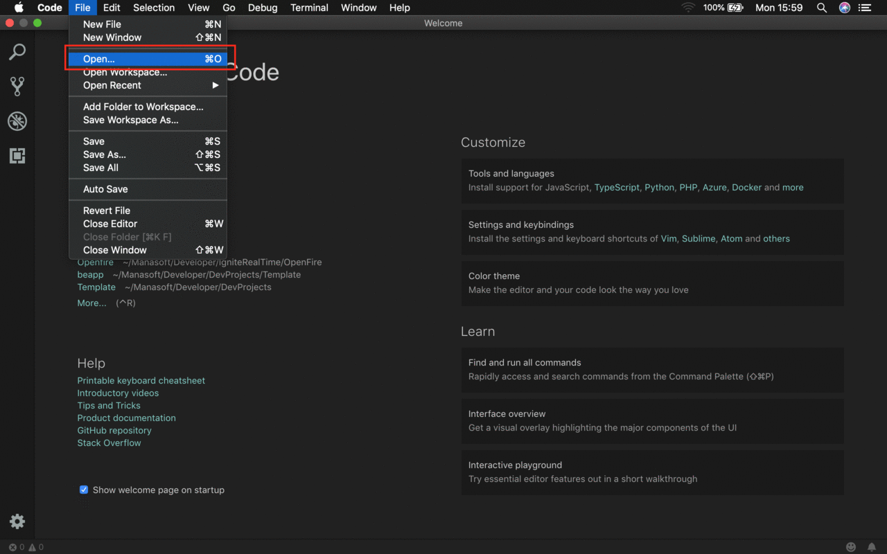 Use the 'Open' functionality of VS Code.