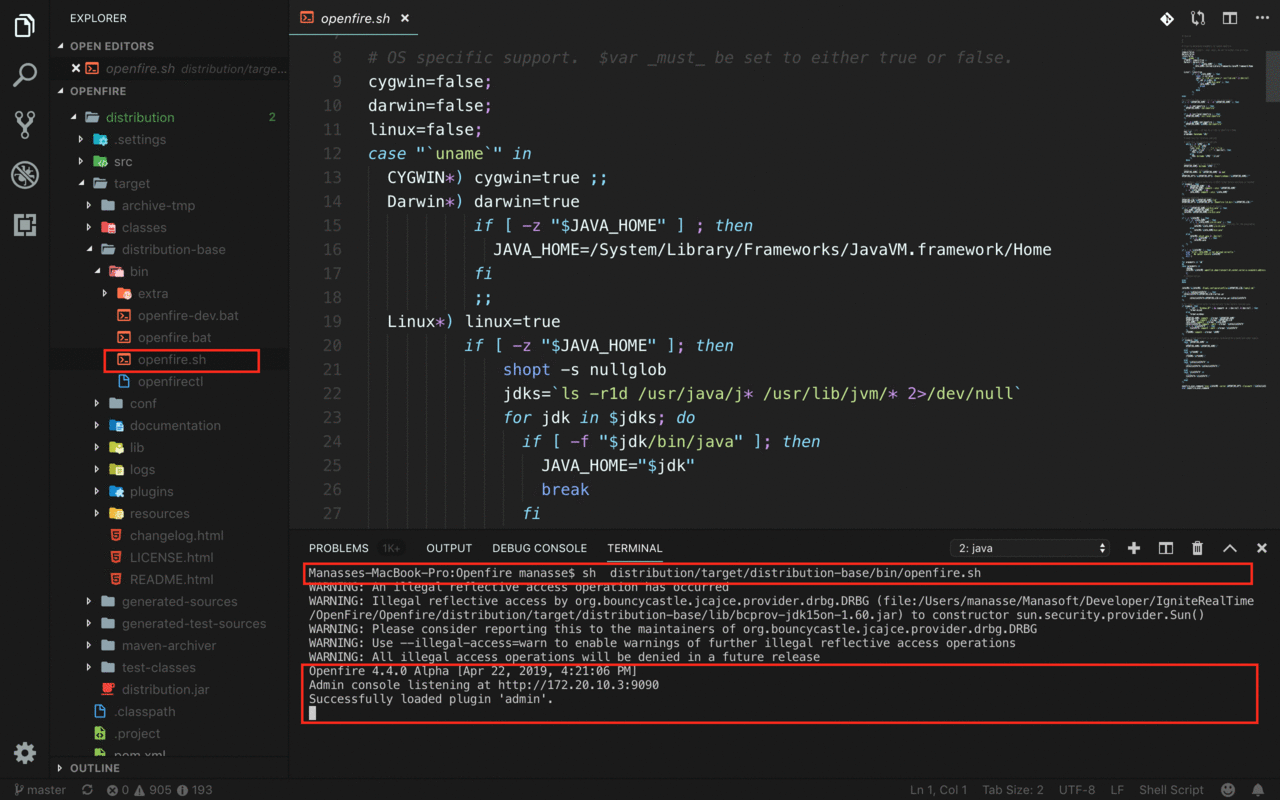 Launch Openfire server using shell script.