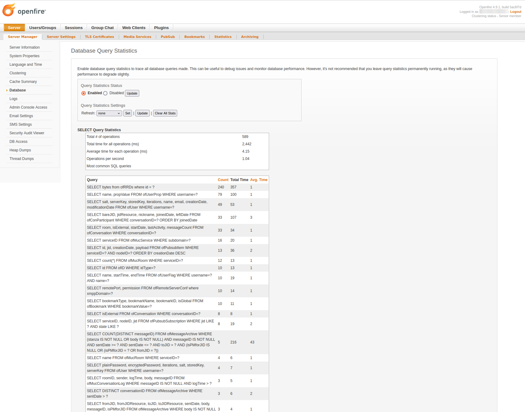 Database Query Statistics (for a collection of SELECT queries).